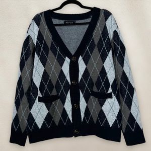 PacSun Golf Cardigan Knit Sweater Diamond Pattern Blue & White Size Medium